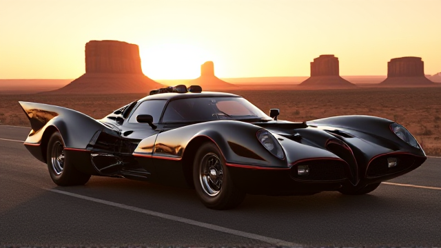 A bold and aggressive 1964's inspired Batmobile blending American muscle car heritage with futuristic elements. Wide stance, flared wheel arches, and a massive V8 engine with chrome details. The body is painted in metallic black with white racing stripes, paying homage to classic American cars. Background is a desert road with Monument Valley in the distance under a golden sunrise. Photorealistic rendering, 16K resolution., photo, cinematic, illustration