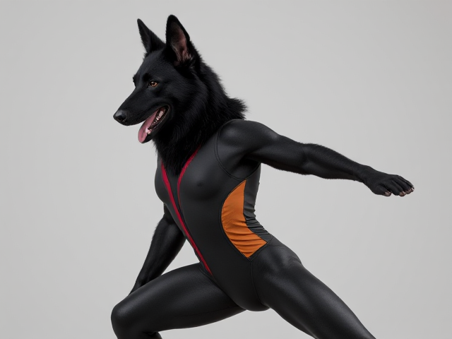 Black Anthropomorphic German Shepherd in a gymnastics leotard, detailed fur texture, athletic pose, vibrant colors
