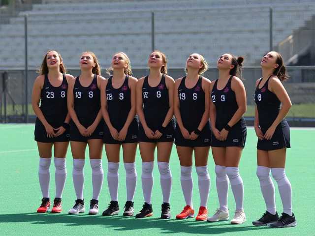 Olympic women’s field hockey team with thigh high socks and knee pads throwing their heads back in hysterical laughter