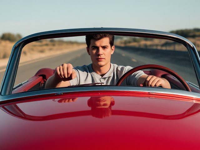 a hi res photorealistic picture of a James Dean type looking man driving a 1950's candy red convertible.