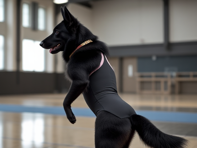 <img alt="Anthropomorphic black German shepherd wearing a gymnastics leotard, posing with emphasis on its hips in a gymnasium setting, detailed and vibrant colors" src="https://ai0servers0shared.blob.core.windows.net/generatedimages/generation/images/yfF9oQJyGZ8LPX1_1729203956.png" />