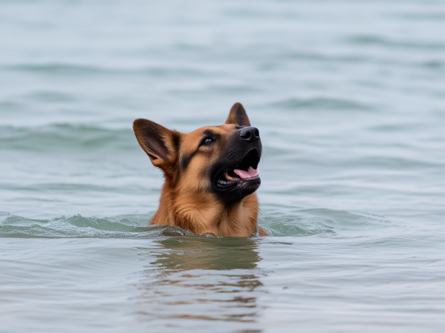 A German shepherd rises from the ocean’s surface to take a breath