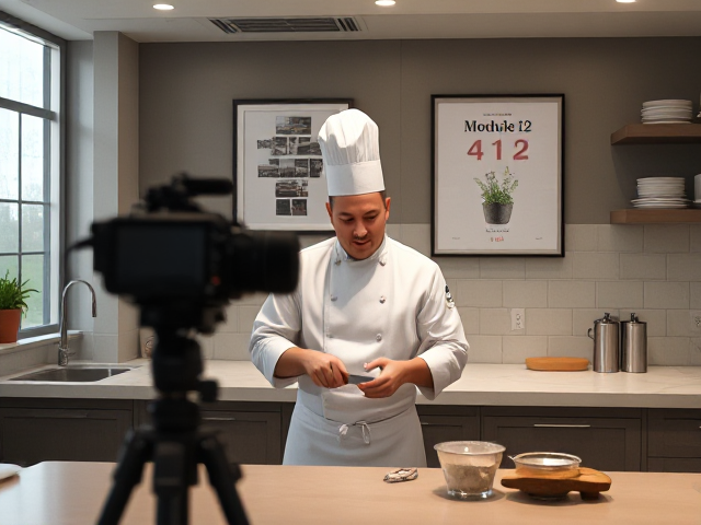 A chef stands in a kitchen in front of a counter.  There is a camera pointed at him.  The chef is chopping salt and talking to the camera.  A poster says "Module 412"