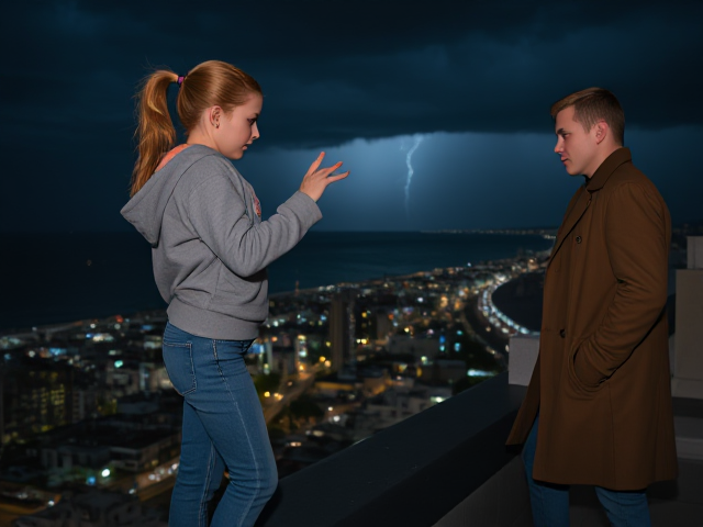 A petite 13-year-old girl with strawberry blonde hair, wearing a hooded pullover and jeans, her hair in a ponytail, is standing on the ledge of a night club roof. Next to her on the roof, standing near the ledge but not on it, a modern-day, pale skinned vampire in his late twenties, with blonde hair, dressed in a brown trench coat and jeans. He appears uneasy as he looks at her. The girl gestures angrily at him, flailing her arms. A thunderstorm approaches the cityscape from the sea shore. Set at night.