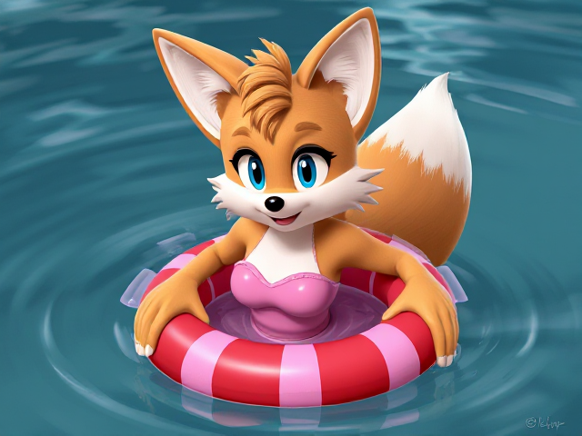Tails the Fox wearing a pink tutu swimming costume and a red and pink stripped rubber swim ring SEGA Video Game