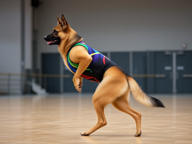 Anthropomorphic German shepherd with strong hips, wearing a colorful gymnastics leotard, performing in a gymnasium setting, dynamic pose