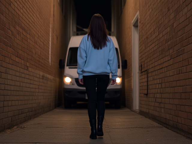 Brunette thin wearing a light blue sweatshirt and black pants and boots walking late at night down an alleyway. A van to her back