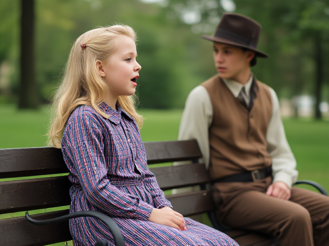 young blonde girl age 8 sitting on park bench singing, wearing vintage 1940 clothing, sideview, with young man vintage clothing appraoching from behind her