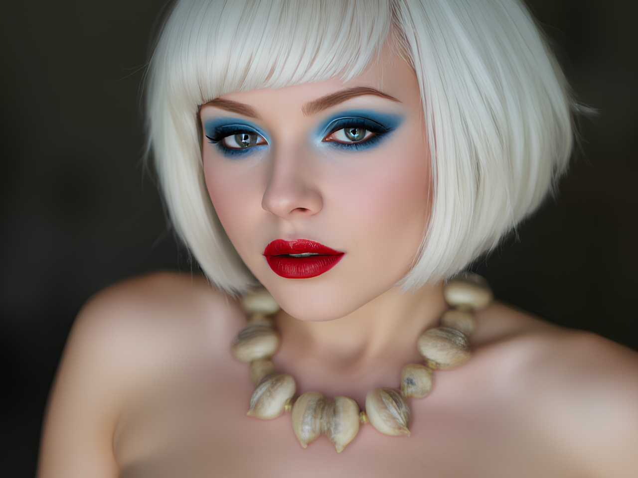 white short hair fat squid legs
 red lips blue eye shadow snail shell necklace