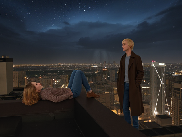 A petite 12-year-old girl with strawberry blonde hair, wearing a cozy pullover and jeans, is lying on the roof ledge of a night club. She is on her back, gazing up at the night sky filled with stars. Next to her on the roof, standing nearby is a modern-day, pale skinned vampire in his late twenties, with striking blonde hair, dressed in a brown trench coat and jeans. He appears uneasy as he looks downward. A storm approaches the cityscape from the nearby