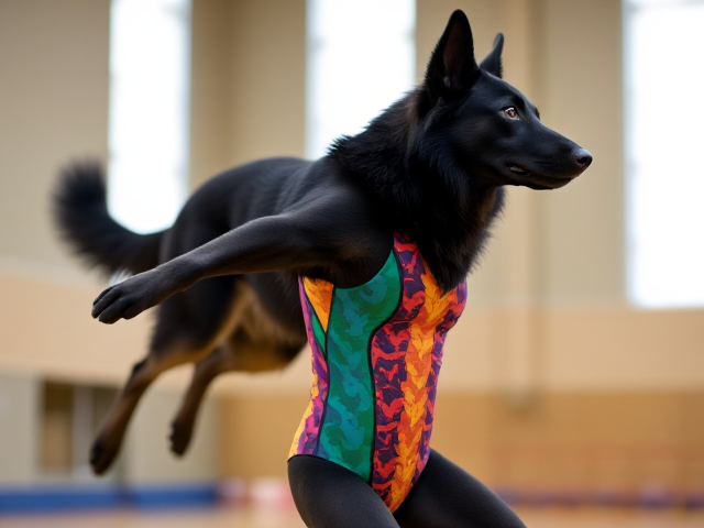 Anthropomorphic black German shepherd in a colorful gymnastics leotard performing in a gymnasium, dynamic pose, detailed fur, vivid colors, expressive eyes