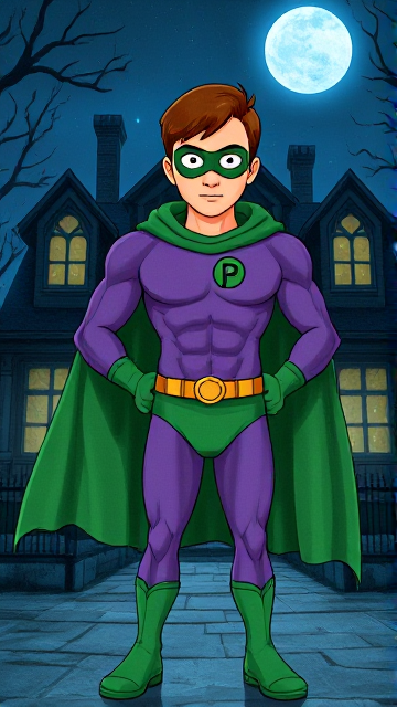 Dramatic scene: A young, Autistic 25-year old boy with light skin and flat, smooth, and slick brown hair with a singular curled bang in the shape of a P sticking out at the front named T.J. Granger, but transformed into a genetically-altered superhero named Powerman, who, despite still being a young adult kid, has an extremely muscular body. He wears a sleek purple bodysuit with a green P symbol on his chest, a golden belt with a circular buckle, green briefs, green boots, green long-cuffed gloves, a really big, toe-length long, ultra-wide green cape wreathed around his neck, and a green eye mask that protects his true identity and also causes his pupils to magically disappear as his eyes glow an eerie white. He also has incredible and invincible superpowers flowing through his veins. In this scene, Powerman is currently standing just outside of a mysterious abandoned mansion at night, ready to begin his investigation.