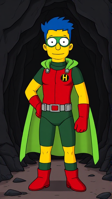 Cartoon scene: Milhouse Van Houten from The Simpsons, with his yellow skin, really big round nose, and blue hair that's slicked back and curled up at the top, but as a tall, 18-year old teenager, dressed as a parodied version of Robin, The Boy Wonder, with an extremely muscular body, wearing a dark green bodysuit with a red torso adorned with a small black circle with a light-green "H" symbol on his left pectoral, a silver utility belt with a red square buckle with silver pouches attached to it that hold all of his unique gadgets, red boots, red long-cuffed gloves, a really big, toe-length long, ultra-wide light-green cape wreathed around his neck held up by an inverted silver triangular button, and a light-green eye mask with optical lenses in it that protects his true identity, now known as Houseboy, The Nerd Wonder, the other half of Springfield's Dynamic Duo, and one of the greatest vigilante superheroes ever known in Springfield. In this scene, Houseboy is currently standing in a dark cavern, searching for a lost citizen that has been kidnapped.