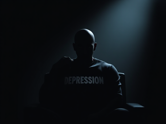 An image in the style of a Marvel Comic where a silhouette of a young bald Muslim man is seen sitting in a dark room surrounded by darkness with a shadow entity clinging to his shoulders only having grey eyes and on the body the entity has the word Depression on it.