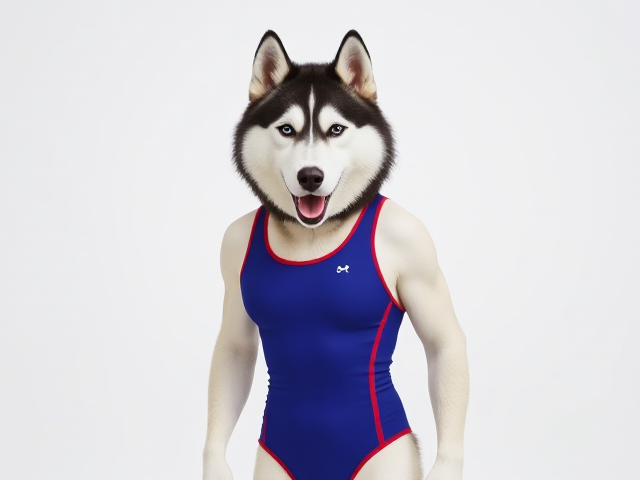 A anthropomorphic Siberian husky wearing an athletic swimsuit