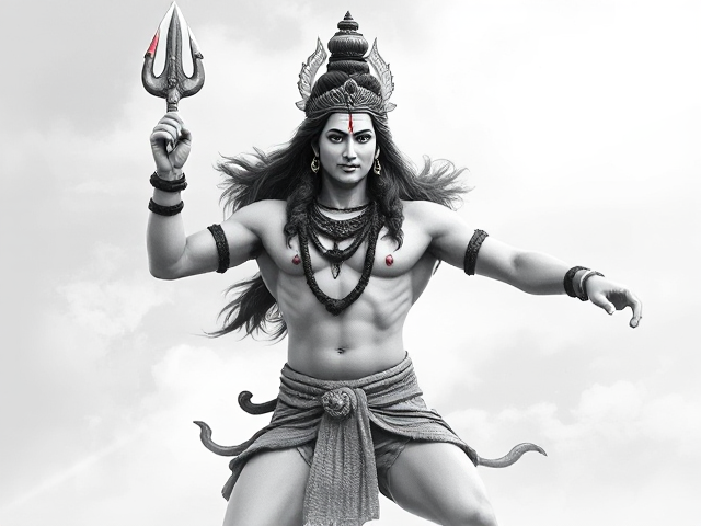 lord shiva muscular realistic  with trishul dancing 2d image drawing white color