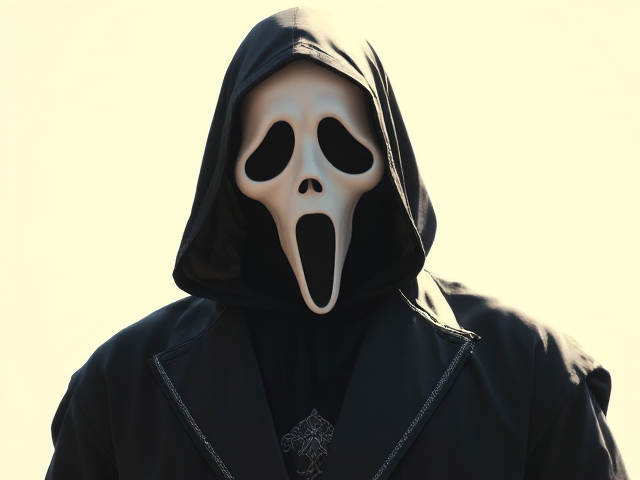 Ghostface costume, male, sunny