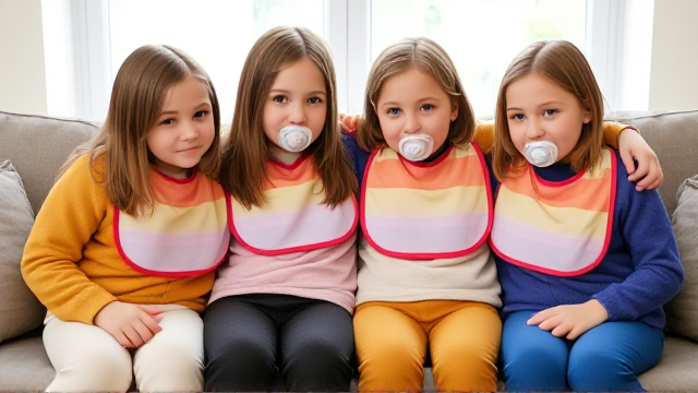 Quatre filles adolescentes aux cheveux lisses et dégagé et de différentes couleurs a l'avant assis dans un canapé avec des grands bavoirs multicolore et des tétines en bouches elles ont des pull de différentes couleurs que les Bavoirs et avec des pantalons elle se font un gros câlin et il y a une grande fenêtre derrière le canapé
