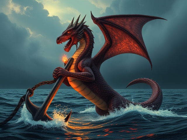 The life of dragon tugging anchor with a blazing heart