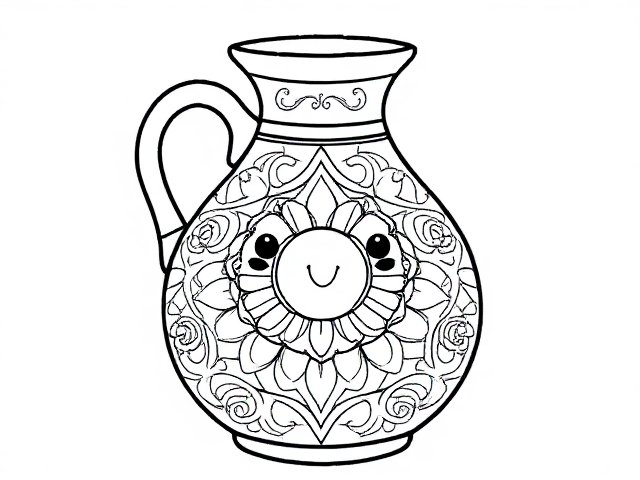 Create a simple black-and-white coloring page featuring a cute little jug designed in a sketch style. ensure  jug in full-body outline in a mandala style, use only outline ensuring it appears playful and approachable for young children aged 2 to 4. Design jug with basic, friendly features, emphasizing a round body incorporating . Include a friendly expression to enhance its inviting character.