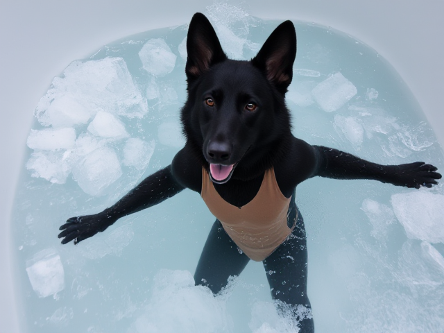 A anthropomorphic black German shepherd wearing a gymnastics leotard underwater in a bath tub full of ice