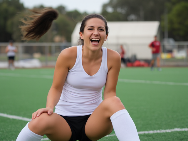 Beautiful short forty-something semitic brunette field hockey player in thigh high socks laughing uncontrollably and hysterically with a surprised smile