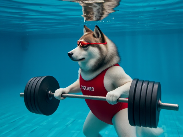 A anthropomorphic alaskan malamute wearing a red lifeguard one piece swimsuit and swimming goggles, deadlifting a barbell at the bottom of a pool