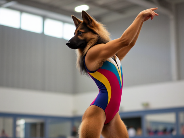 Anthropomorphic long-haired German shepherd wearing a colorful gymnastics leotard, performing in a well-lit gymnasium, showcasing athleticism and grace