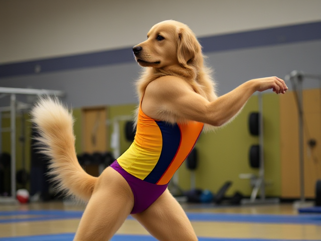 Anthropomorphic Golden retriever performing gymnastics in a colorful leotard, strong and athletic posture, inside a gymnasium setting with gym equipment in the background