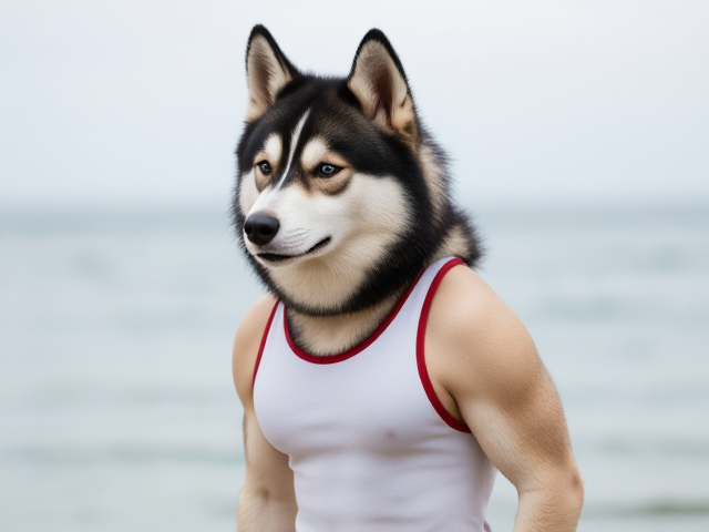 A anthropomorphic Siberian husky wearing an athletic swimsuit