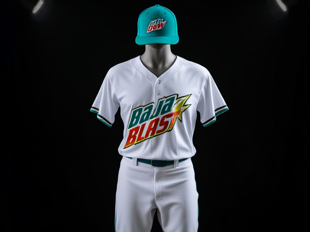 A teal baseball hat with mtn dew Baja Blast logo with a white v neck athletic shirt with Baja Blast written across the front in teal black and gold with white baseball pants with teal and black piping down the sides teal baseball socks black cleats , displayed on a mannequin