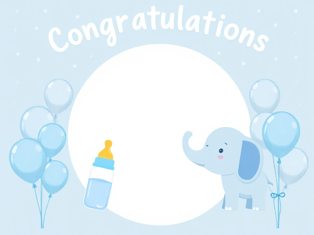 Create a cartoon congratulations photo for baby boy and include blue theme. Include elephant baby bottle balloons