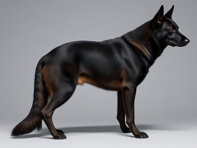 Anthropomorphic black German shepherd in a sleek, tight-fitting swimsuit, emphasizing athletic build and defined hips, vivid colors and detailed textures