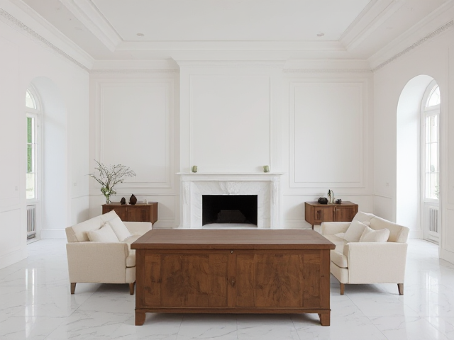 une photo avec juste un coffre en bois au milieu  d'un salon blanc sans décore juste des moulures au murs et au plafond le sol est du marbre blanc