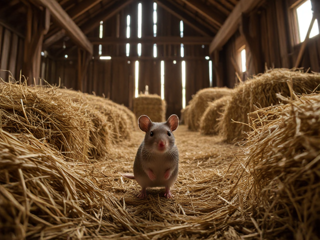 Mouse in a rustic barn, surrounded by hay bales and wooden beams, with sunlight filtering through cracks in the walls, detailed textures