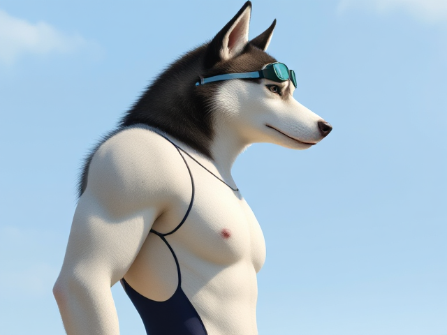 A tall anthropomorphic Siberian husky with a long torso and broad shoulders wearing a high cut Nike one piece swimsuit and swimming goggles