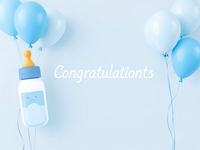 Create a cartoon congratulations photo for baby boy and include blue theme. Include elephant baby bottle balloons. Put congratulations in the middle