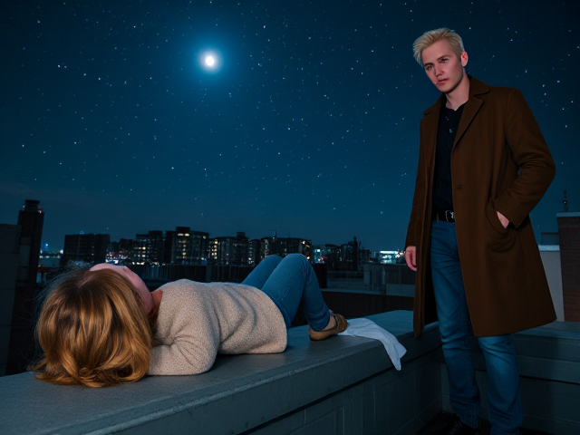 A petite 12-year-old girl with strawberry blonde hair, wearing a cozy pullover and jeans, is lying on the roof ledge of a night club. She is on her back, gazing up at the night sky filled with stars. Next to her on the roof, standing nearby is a modern-day, pale skinned vampire in his late twenties, with striking blonde hair, dressed in a brown trench coat and jeans. He appears uneasy as he looks downward