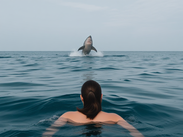 Woman in the ocean looking in the distance while a shark jumps