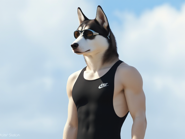 A tall Siberian Husky with a long torso and broad shoulders wearing a high cut Nike one piece swimsuit and swimming goggles