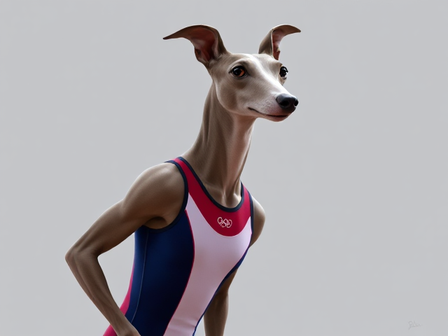 A anthropomorphic greyhound Olympic gymnast wearing a leotard