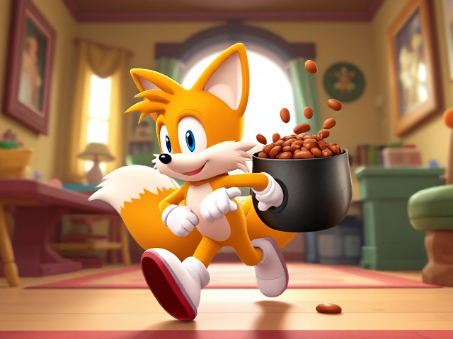 A young and adorable depiction of a smaller, younger version of Miles "Tails" Prower wearing gloves and white socks. He is running through a brightly lit, colorful house with playful decorations and furniture, carrying a GIANT pot of baked beans that he totally didn't steal. Beans are splashing out of the pot as Tails mischievously looks behind him to ensure he isn't being chased. His two tails are flowing behind him dynamically, adding to the sense of motion and excitement in the scene.