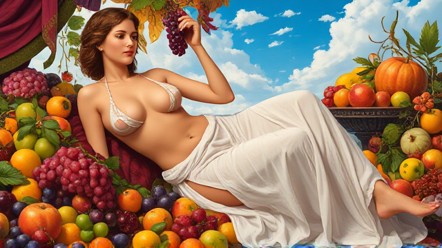An exquisite ancient Greek goddess, reclined gracefully in the midst of a vibrant fruit banquet. With a languid expression, she holds a cluster of grapes tantalizingly above her mouth, while a cascade of colorful fruits surrounds her. The goddess adorns a translucent, flowing white gown with intricate slits, exposing her golden, radiant skin. The opulent setting, adorned with luxurious fabrics and glistening golden accents, creates an enchanting, divine atmosphere.