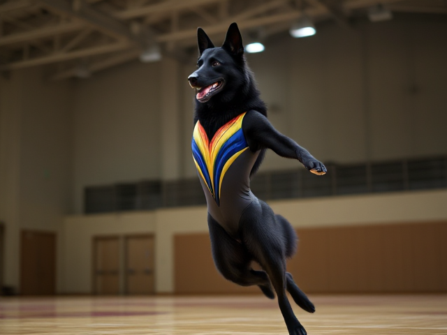 Anthropomorphic black German shepherd wearing a colorful gymnastics leotard in a gymnasium, performing a graceful routine, dynamic lighting, detailed fur texture
