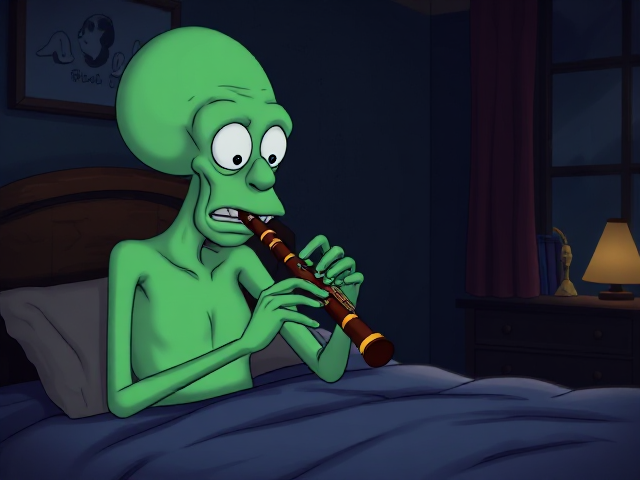 Squidward playing clarinet in his bedroom at night