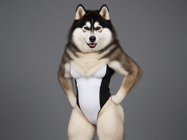 Anthropomorphic Alaskan malamute strong hips high-cut leotard