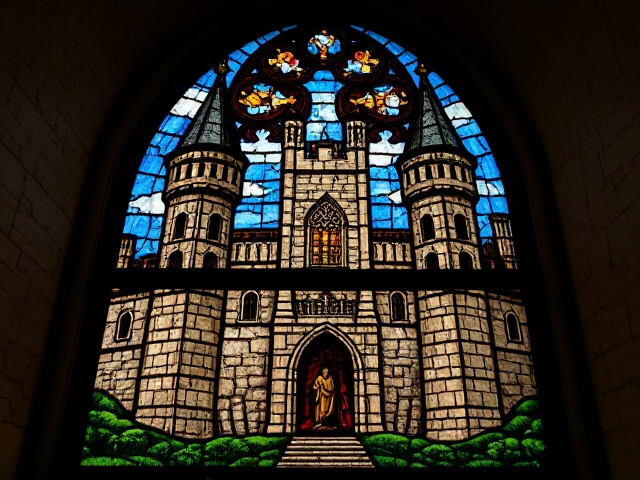 A medieval stained glass of Camelot Castle