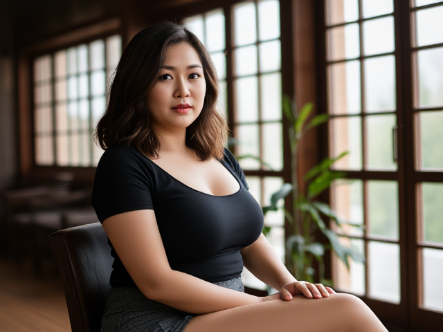 A serene and elegant, full-figured East Asian woman seated in a softly lit room with traditional wooden decor and large windows. She has wavy, shoulder-length hair, wears a fitted black top that accentuates her curves, and a short, textured skirt. The scene has a calm, warm ambiance with natural light filtering through the windows, adding depth to the setting. There’s a potted plant in the background, enhancing the tranquil, indoor atmosphere.