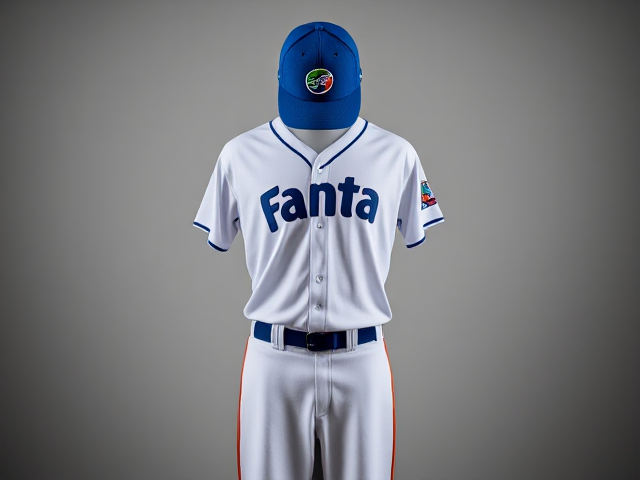 A blue baseball hat with fanta soda logo with a white v neck athletic shirt with fanta soda logo with white baseball pants with blue and orange piping down the sides with orange socks blue baseball cleats displayed on a mannequin