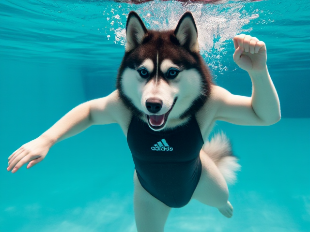 A anthropomorphic Siberian husky wearing an adidas swimsuit and swimming goggles dancing underwater